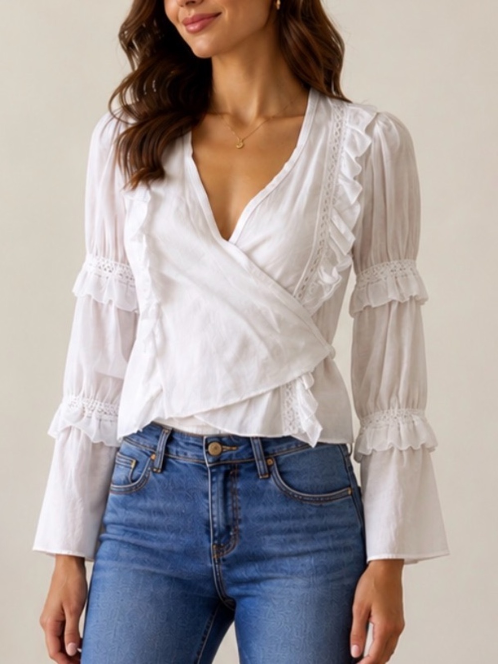Sharagano Paris white Ruffled Wrap Blouse
